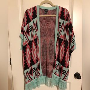 rue 21 Cardigan Aztec With Fringe S/M Turquoise Red Black oversized